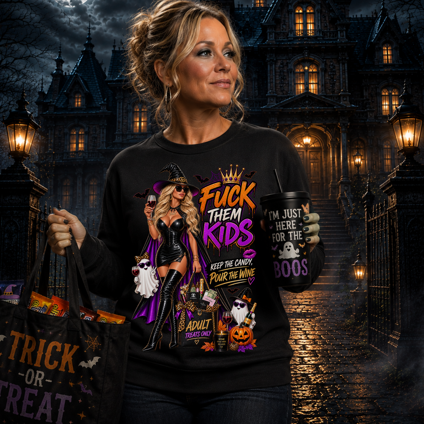 Fuck Them Kids Halloween Long Sleeve t-Shirt | Keep the Candy Pour the Wine Tee- Caucasian