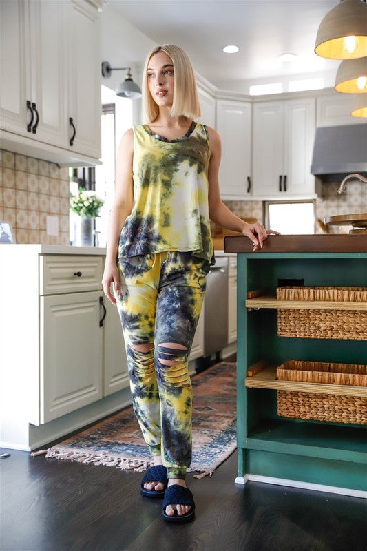 Tie Dye Tank Top & Ripped Sweatpants Set