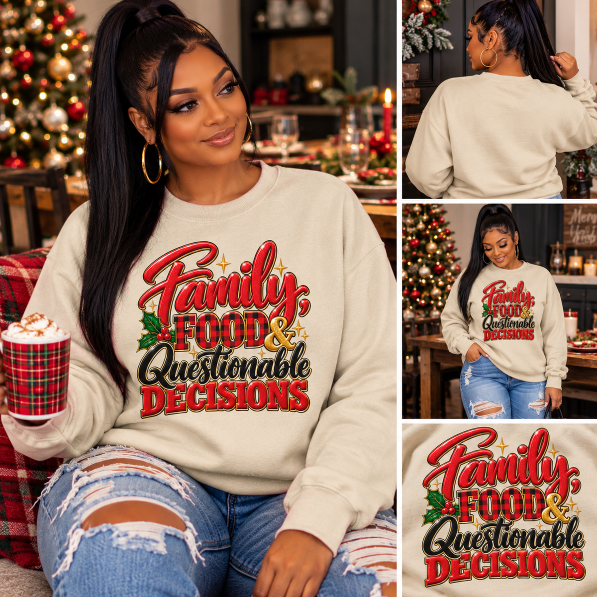 Family, Food & Questionable Decisions Christmas Sweatshirt | Funny Holiday Crewneck | HWS Apparel