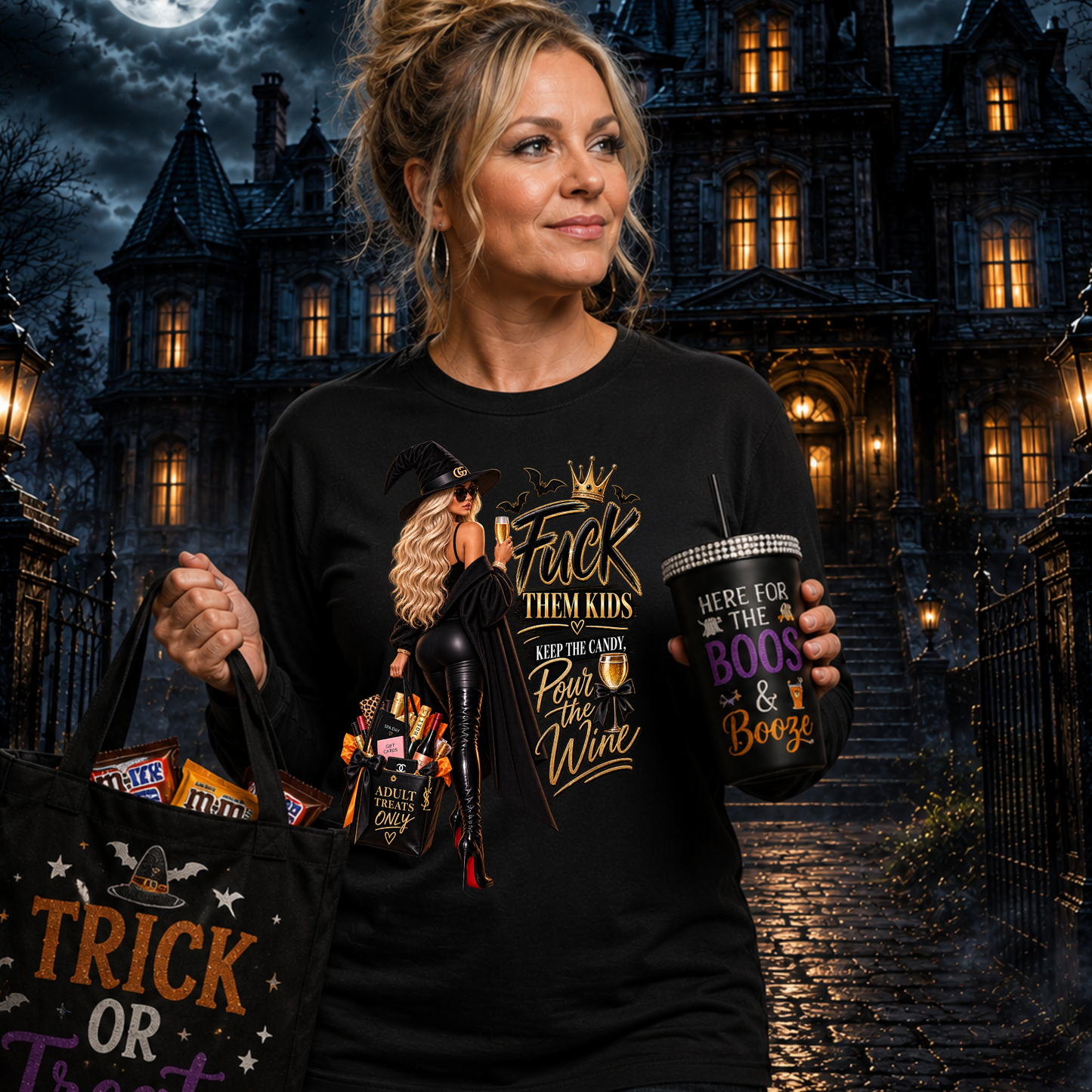 Classy Fuck Them Kids Halloween Long Sleeve t-Shirt | Keep the Candy Pour the Wine Tee- Caucasian