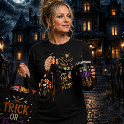 Classy Fuck Them Kids Halloween Long Sleeve t-Shirt | Keep the Candy Pour the Wine Tee- Caucasian