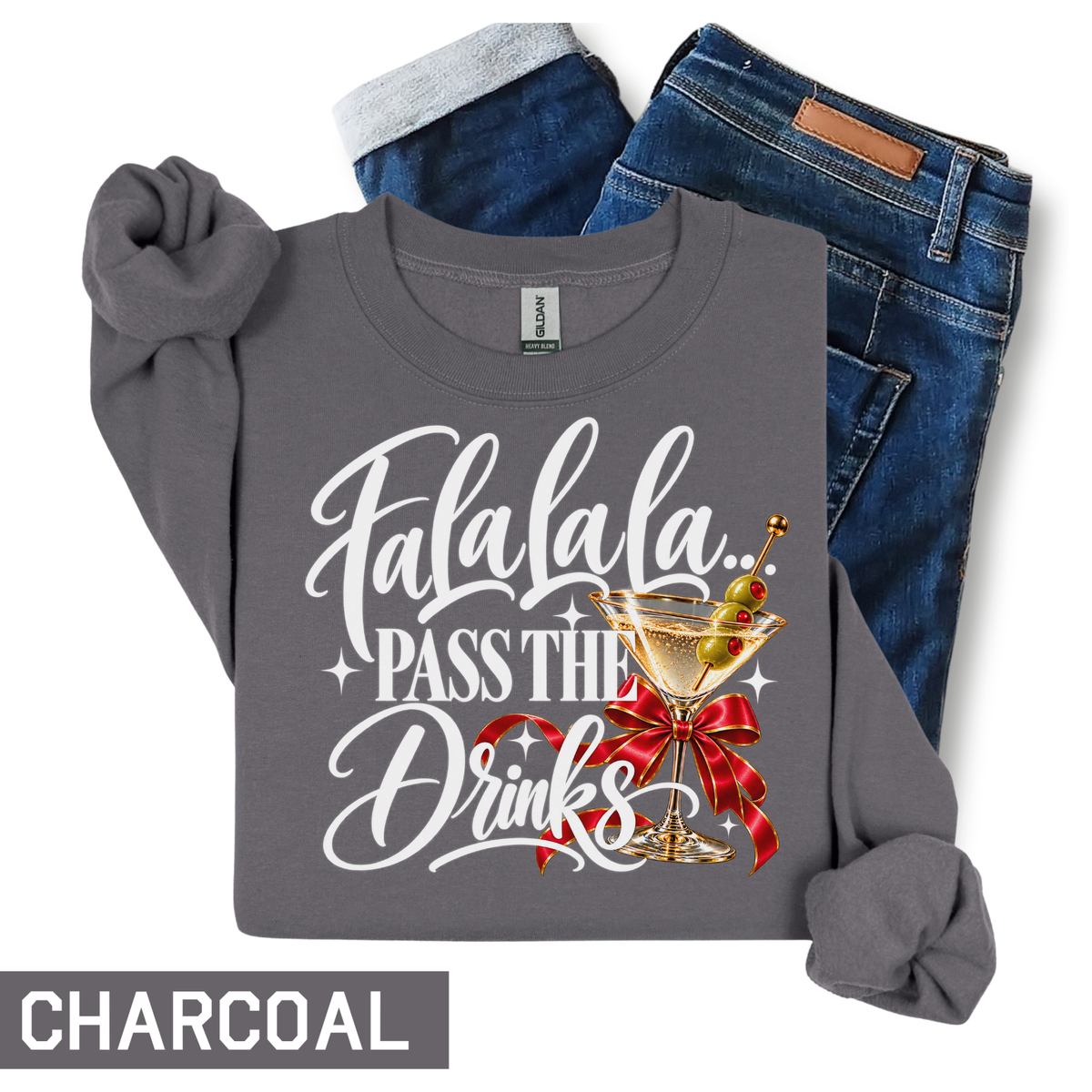 Fa La La La Pass the Drinks Christmas Sweatshirt | Funny Holiday Cocktail Crewneck | HWS Apparel