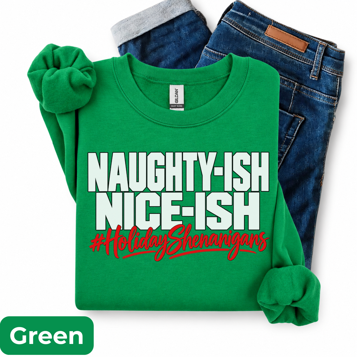 Naughty-ish Nice-ish Christmas Sweatshirt | Funny Holiday Shenanigans Crewneck | HWS Apparel