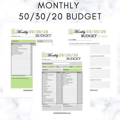 Monthly 50/30/20 Budget Worksheet PDF (Available In Various Colors) - Healthy Wealthy Skinny