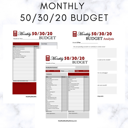 Monthly 50/30/20 Budget Worksheet PDF (Available In Various Colors) - Healthy Wealthy Skinny