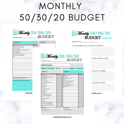 Monthly 50/30/20 Budget Worksheet PDF (Available In Various Colors) - Healthy Wealthy Skinny